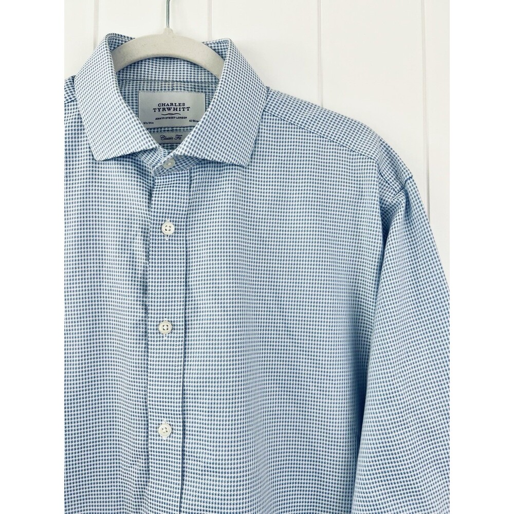 Charles Tyrwhitt Blue Mini Check Mens Dress Shirt 16.5/34 Classic Fit Button Up